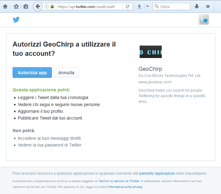 GeoChirp - Autorizzazione account Twitter