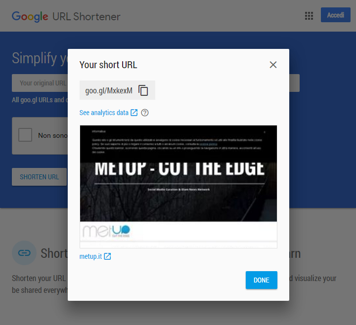 Google URL Shortener - Accorciare un URL - Step 3