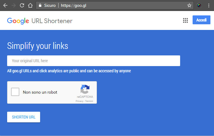Google URL Shortener - Accorciare un URL