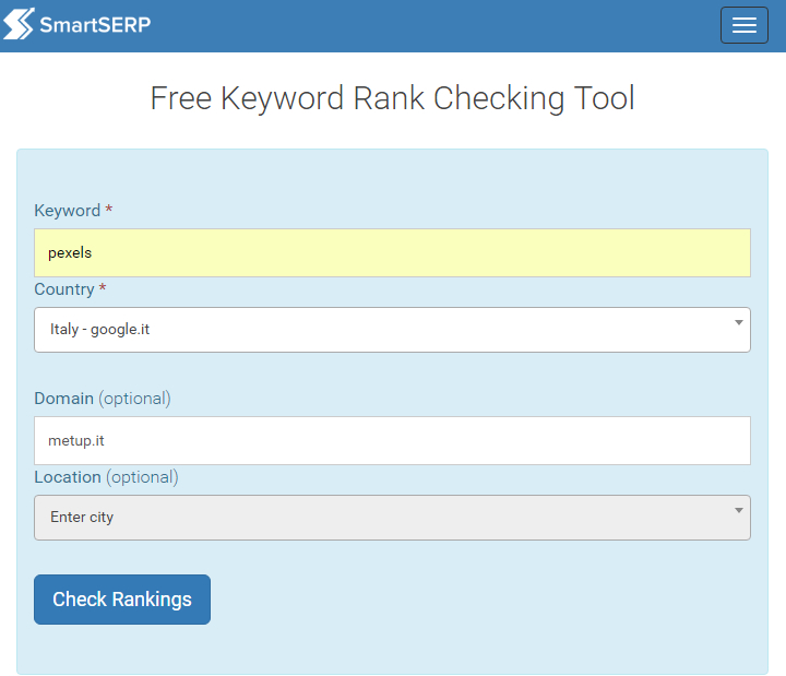 SmartSERP - Free Keyword Rank Checking Tool - Search Panel